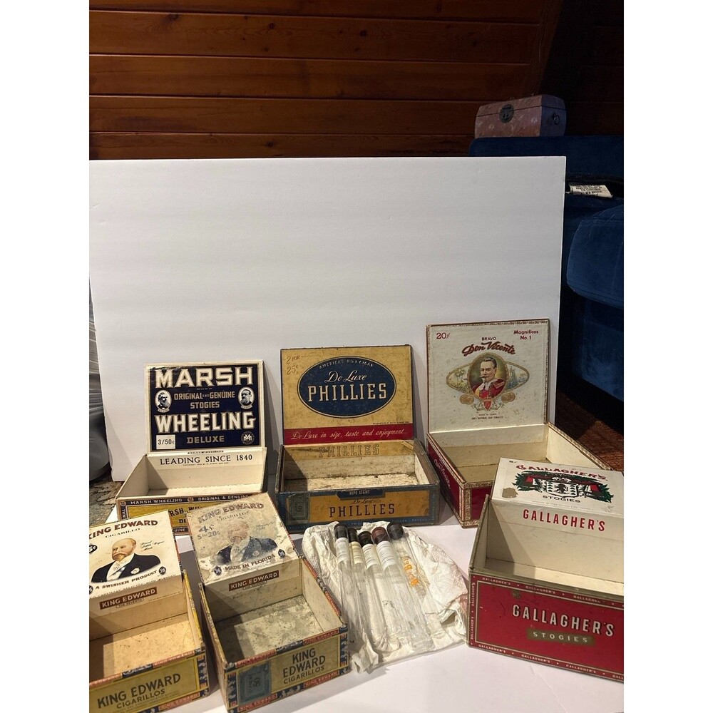 Vintage Cigar Box Lot Phillies Marsh King Edward Gallagher Glass Tubes